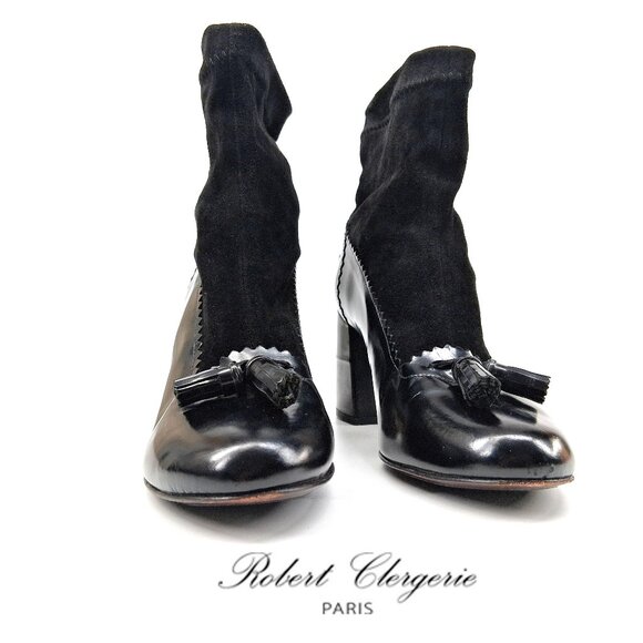 Robert Clergerie Shoes - Robert Clergerie Paris Black Leather Sock Boot Heels Tassel Scallop Y2K SZ 7